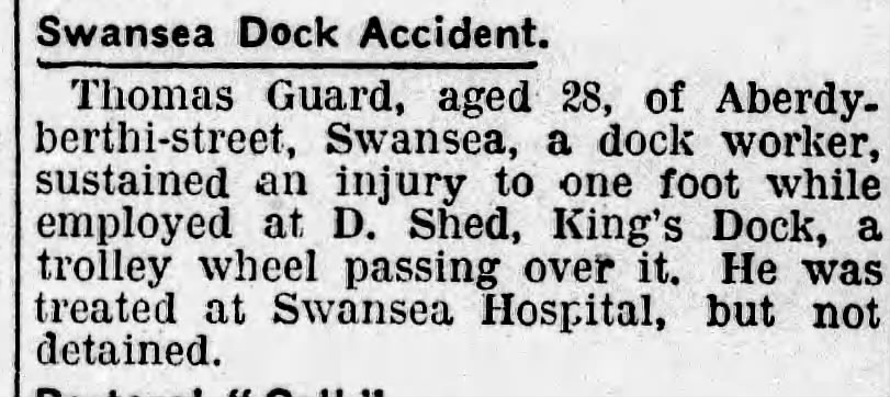 Newspaper report, Swansea Dock Accident, Thomas George Guard 1936